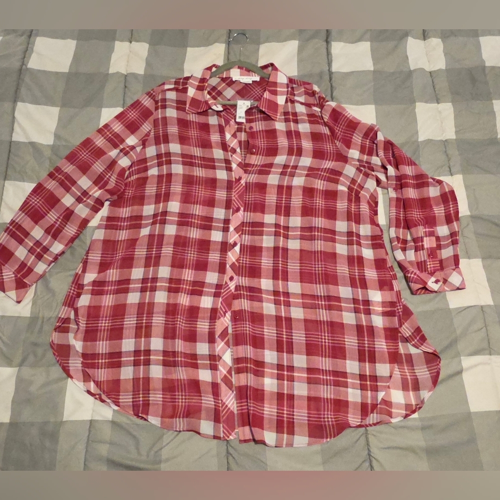 Plus Size X Penningtons Pink and White Plaid Semi Sheer Shirt